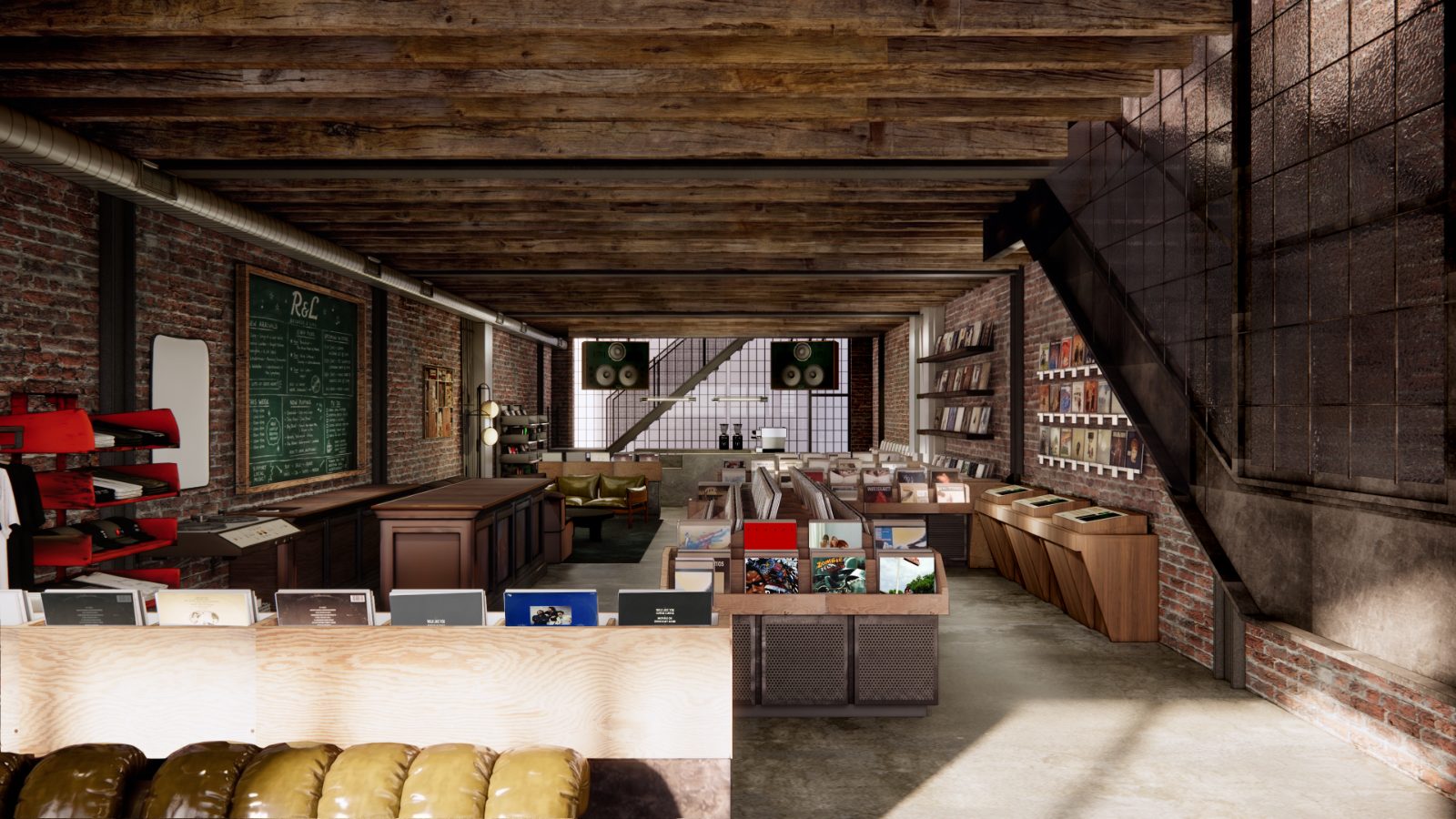 Rendering of the R&L ground floor: record bins, chalkboard, and café under original wood joists