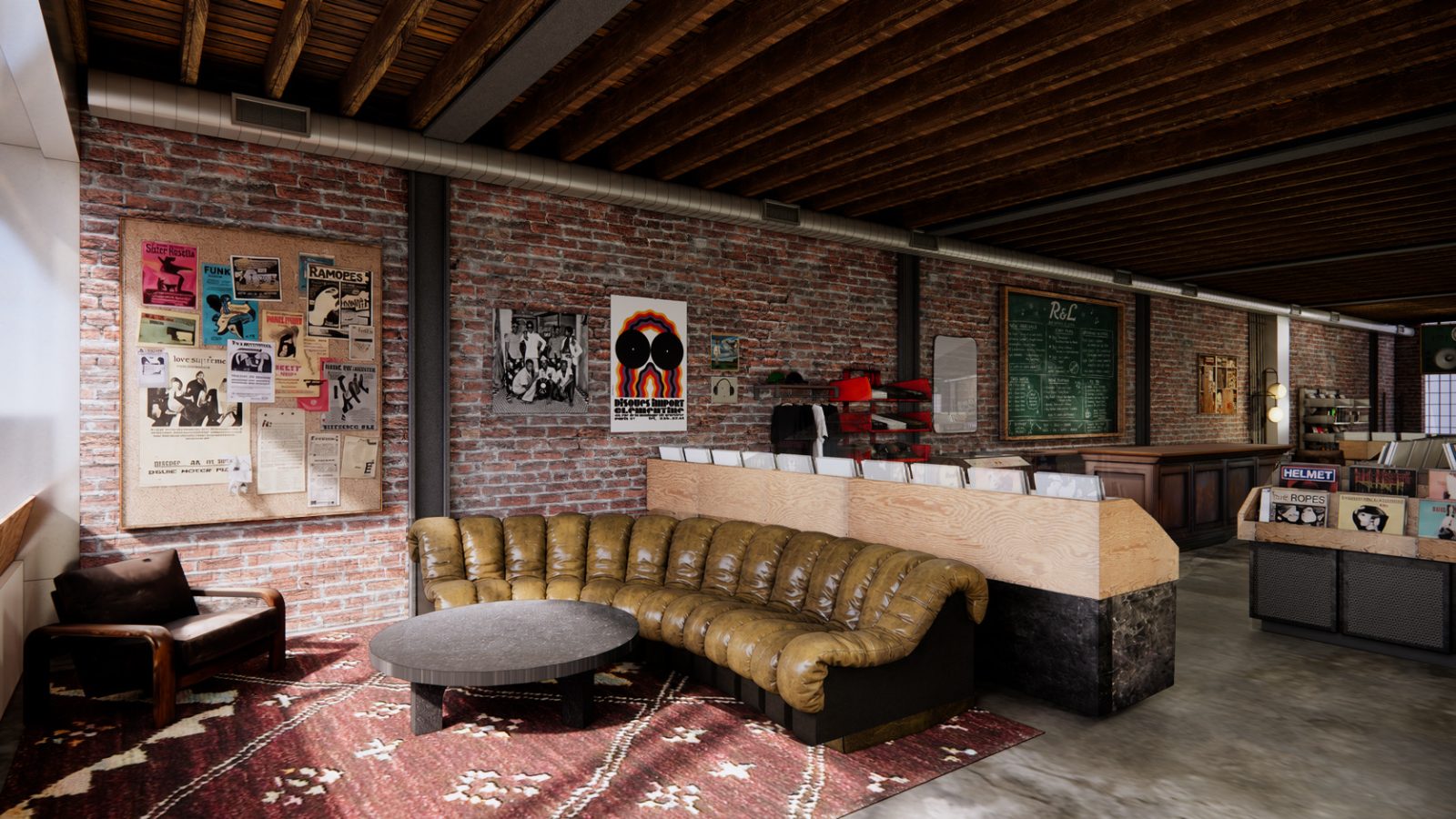 Rendering of the R&L lounge with vintage seating and a community bulletin board