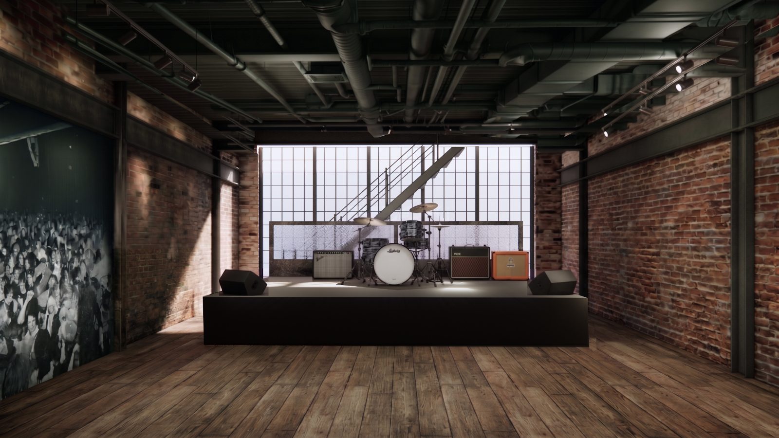 Rendering of the second-floor event space with stage, backline, and Charles Peterson photo mural