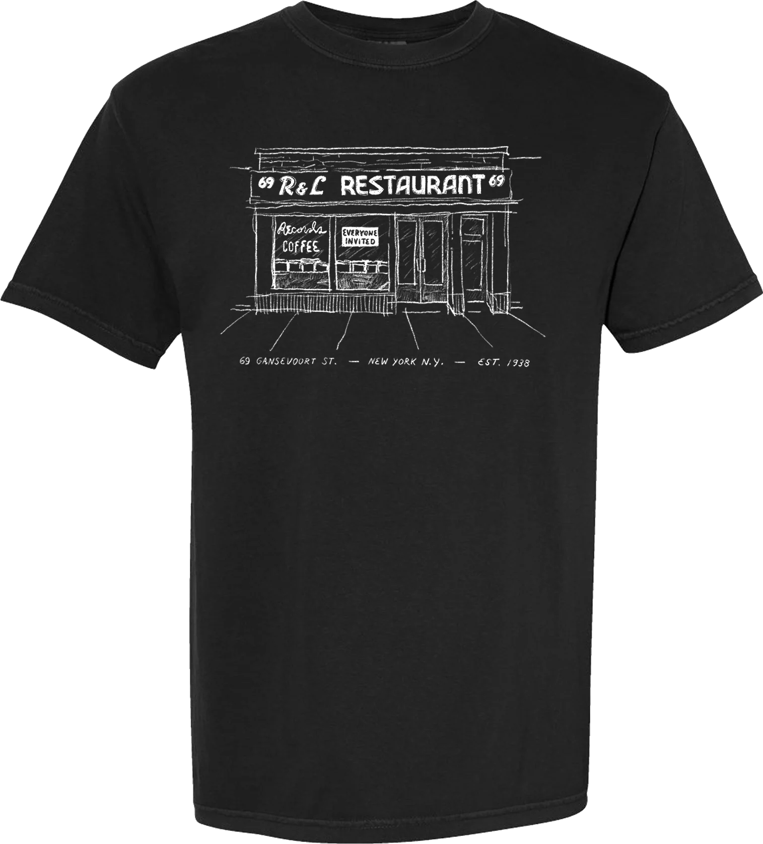 R&L merch tee: a hand-drawn 69 Gansevoort storefront with an Everyone Invited sign in the window